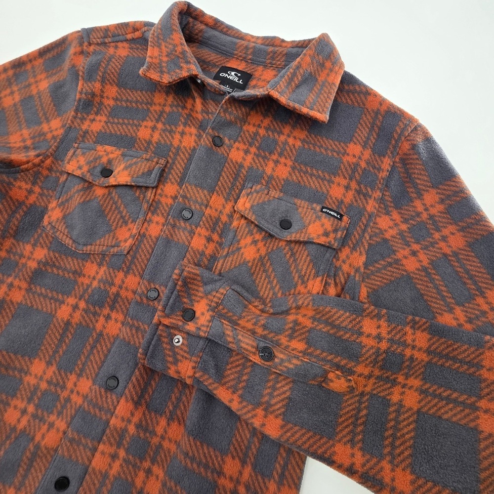 O'NEILL SHACKET PLAID MENS SMALL ORANGE GRAY FLEECE SNAP BUTTONS ARCTIC CHECK